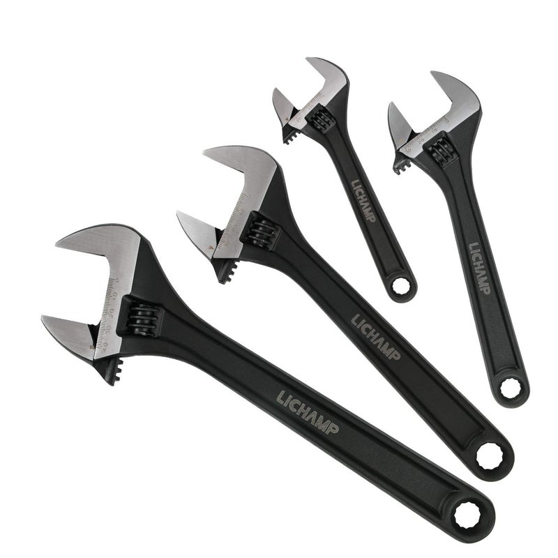 Lichamp 4-Piece CR-V Adjustable Wrench Set, Industrial Grade Drop Forged Chrome Vanadium Steel Black Oxide Finish Wide Jaw, 6, 8, 10, 12 Inch - Image 1