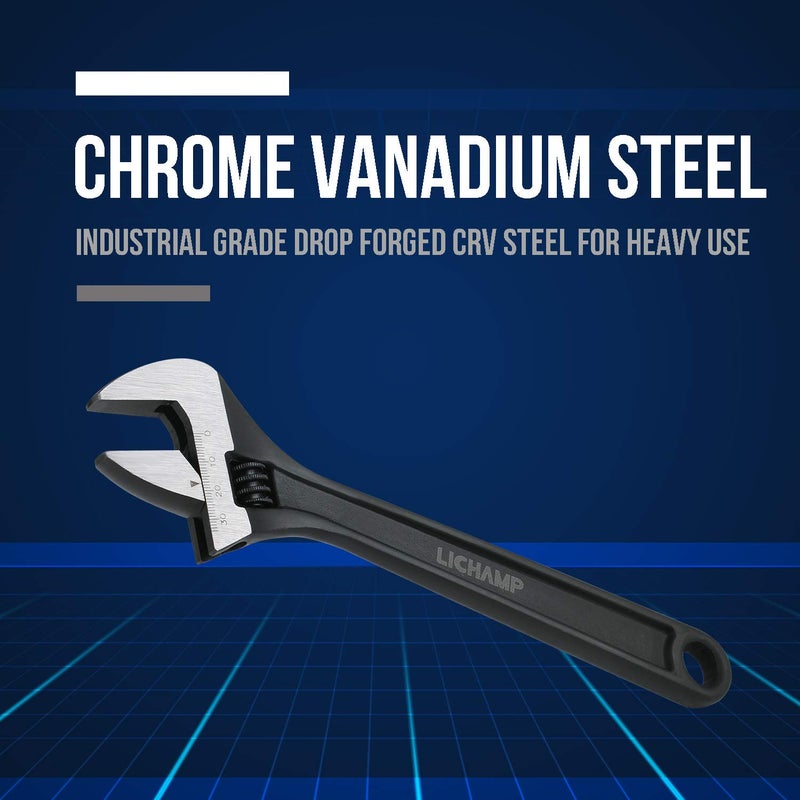 Lichamp 4-Piece CR-V Adjustable Wrench Set, Industrial Grade Drop Forged Chrome Vanadium Steel Black Oxide Finish Wide Jaw, 6, 8, 10, 12 Inch - Image 2