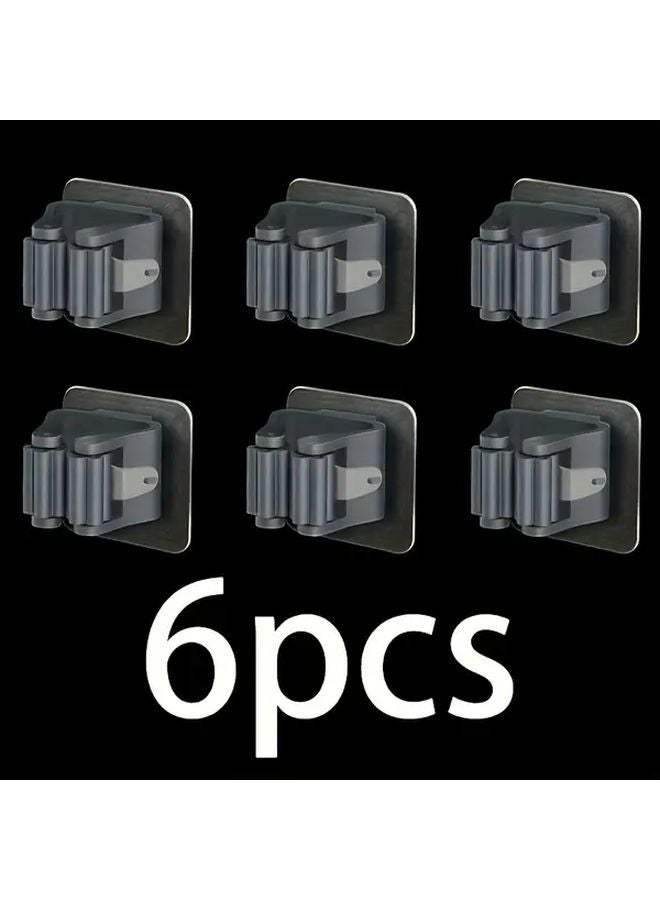 6 قطع رف ممسحة ومقشة رمادي مثبت على الحائط بدون حفر خطافات تخزين بلاستيكية متينة - Image 1