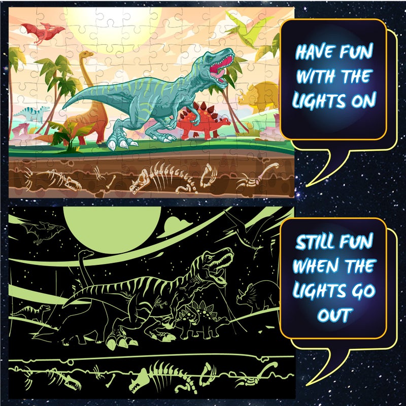 Hapinest بازل ديناصور يتلألأ في الظلام للأطفال، 100 قطعة بازل للأطفال الأولاد والبنات هدايا للأعمار من 5 إلى 12 سنة وما فوق، يتضمن 12 بطاقة حقائق عن الديناصورات ومصباح يدوي صغير LED - Image 4