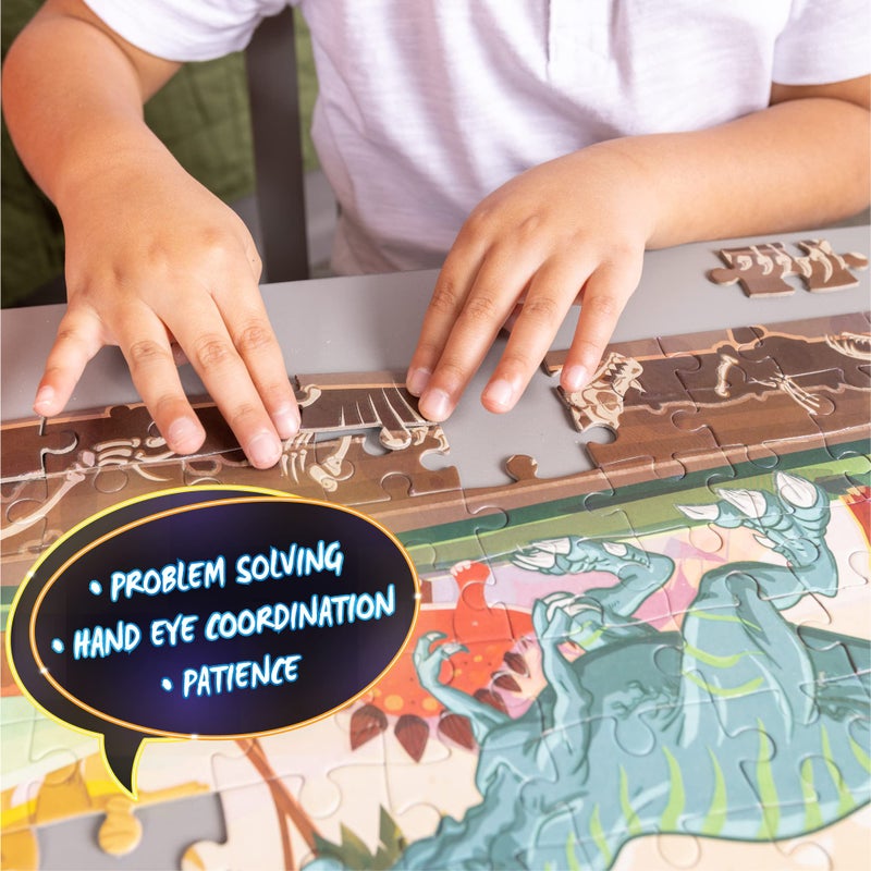 Hapinest بازل ديناصور يتلألأ في الظلام للأطفال، 100 قطعة بازل للأطفال الأولاد والبنات هدايا للأعمار من 5 إلى 12 سنة وما فوق، يتضمن 12 بطاقة حقائق عن الديناصورات ومصباح يدوي صغير LED - Image 3