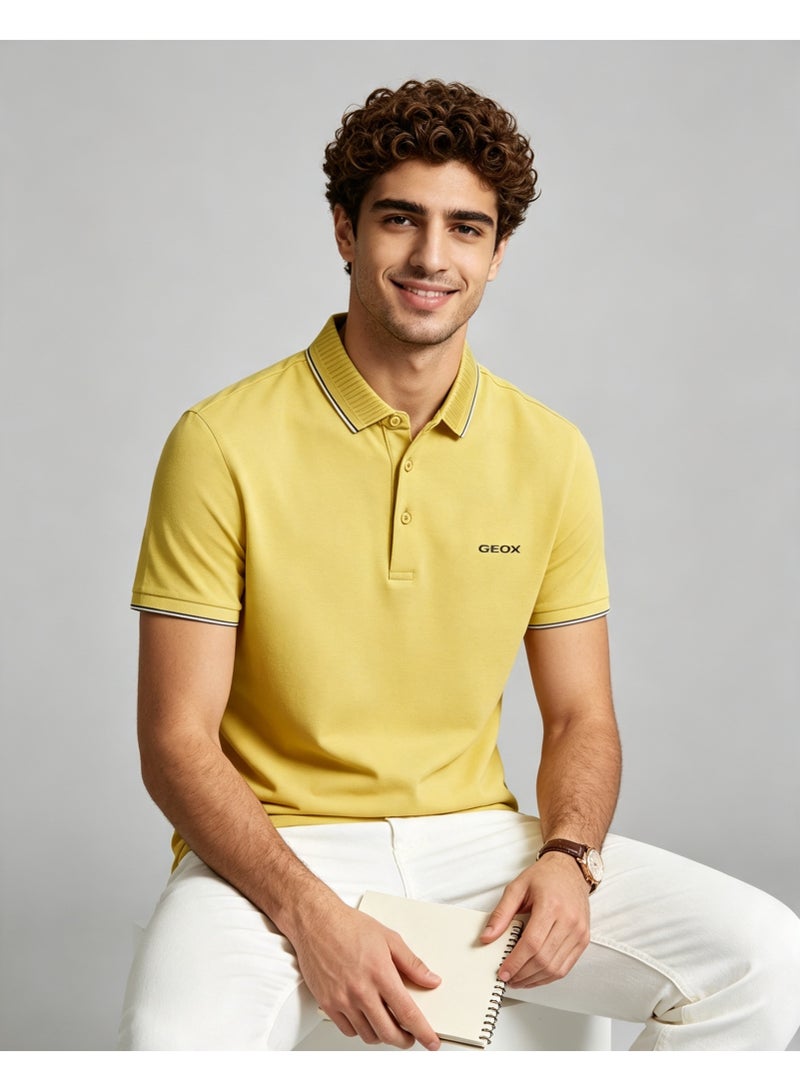GEOX Men Classic Striped Collar Short Sleeve Polo Shirt Daily Business Casual Wear Mustard Yellow - Image 1