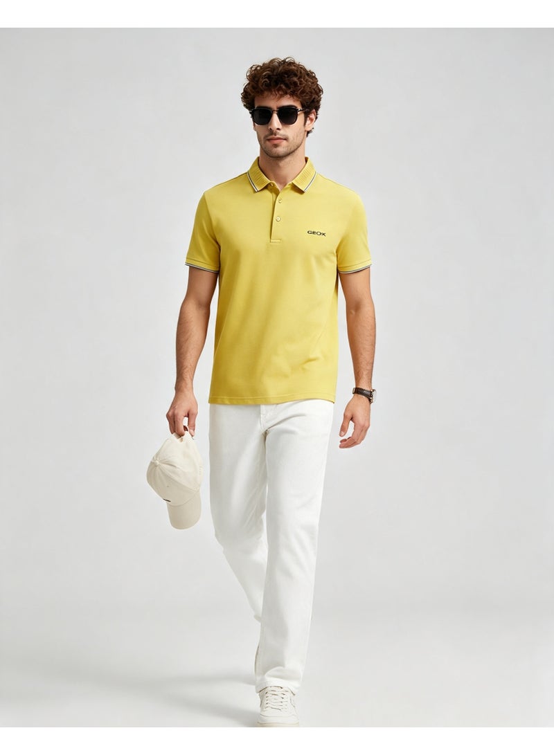 GEOX Men Classic Striped Collar Short Sleeve Polo Shirt Daily Business Casual Wear Mustard Yellow - Image 2