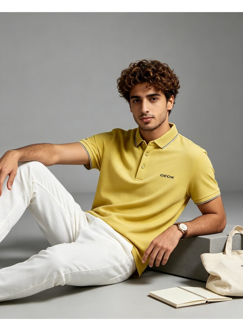 GEOX Men Classic Striped Collar Short Sleeve Polo Shirt Daily Business Casual Wear Mustard Yellow - Image 3