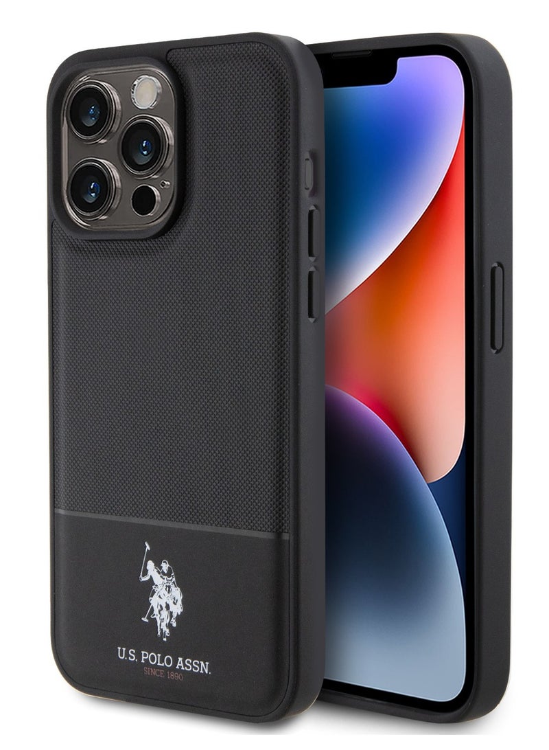 يو اس بولو غطاء حماية بي يو جلد بنمط شبكي لآيفون 15 برو - أسود - Image 5