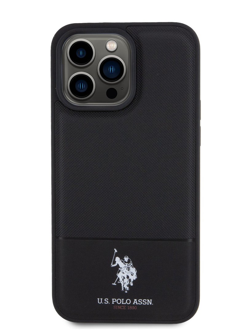 يو اس بولو غطاء حماية بي يو جلد بنمط شبكي لآيفون 15 برو - أسود - Image 3