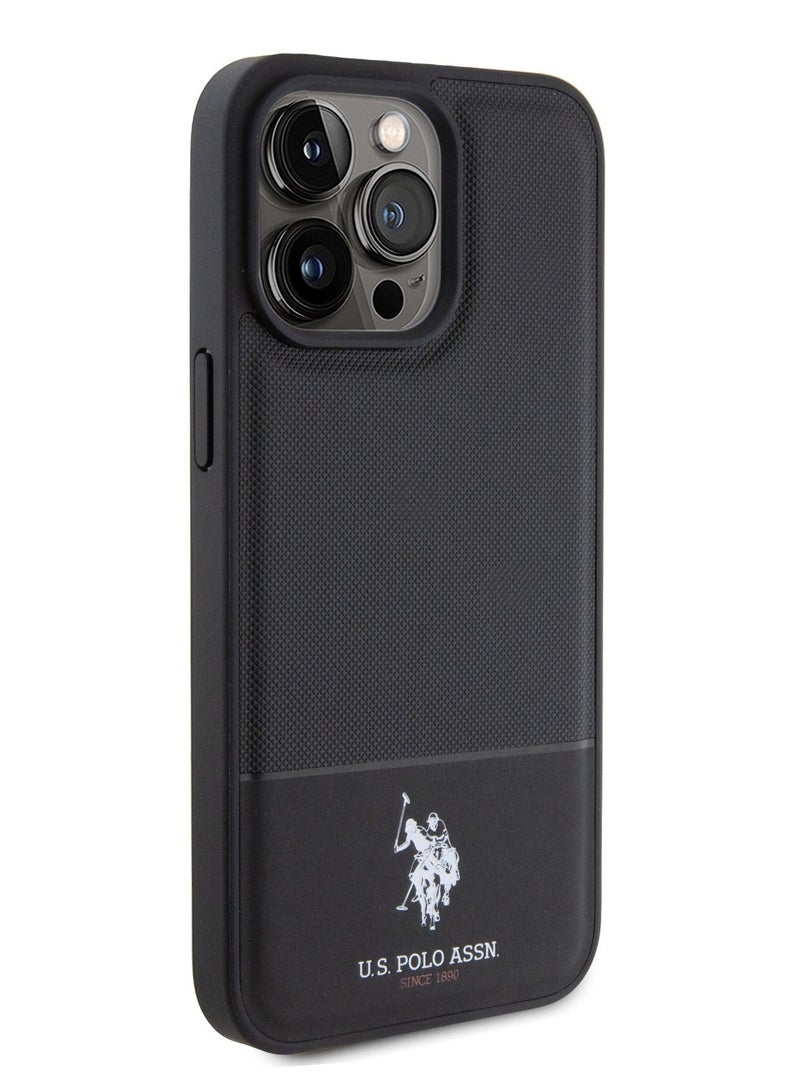 يو اس بولو غطاء حماية بي يو جلد بنمط شبكي لآيفون 15 برو - أسود - Image 2