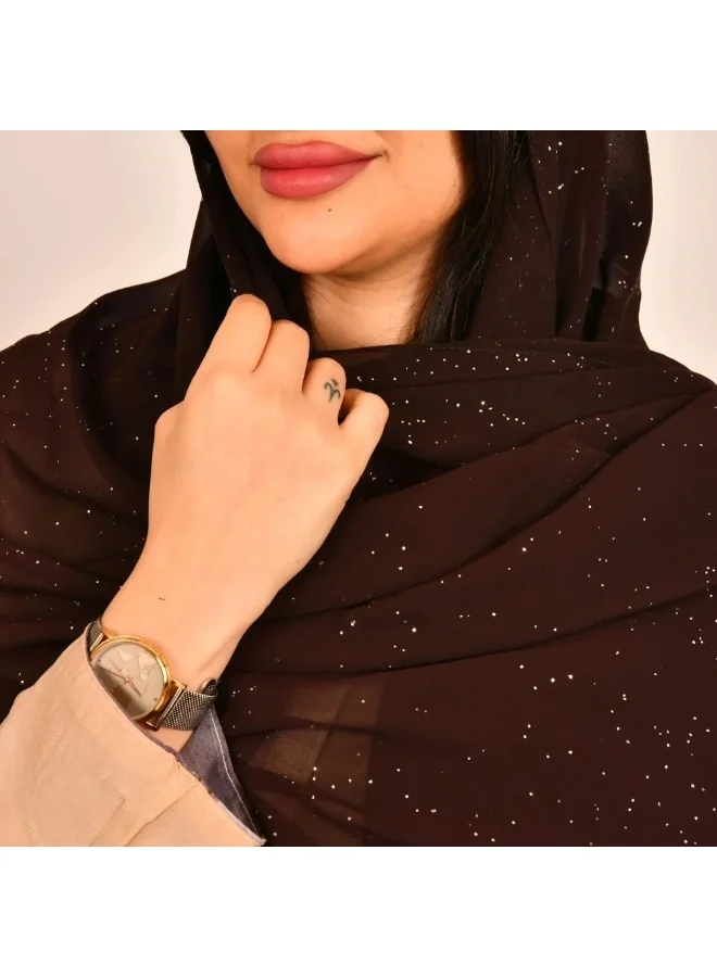 عبايات لمحة طرحه باللون البني لداكن مزين بطباعات براقة