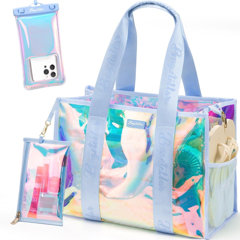 Bagstellar Beach Bags for Women 3 PCS Large Iridescent Clear Beach Tote Bag with Zipper Makeup Bag Waterproof Phone Pouch Case Sandproof Crossbody Swim Pool Bag Summer Vacation Travel Essentials - Image 2