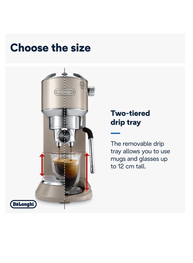 ديلونجي De'Longhi Dedica Arte EC885.BG، ماكينة قهوة تقليدية بمضخة، ماكينة قهوة يدوية، قضيب بخار My LatteArt، تصميم صغير بعرض 15 سم، مناسب للأكواب التي يصل حجمها إلى 13 سم، بيج - Image 2