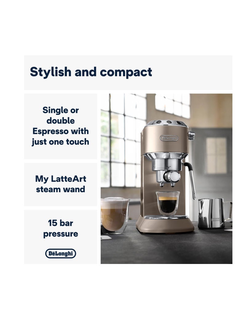 ديلونجي De'Longhi Dedica Arte EC885.BG، ماكينة قهوة تقليدية بمضخة، ماكينة قهوة يدوية، قضيب بخار My LatteArt، تصميم صغير بعرض 15 سم، مناسب للأكواب التي يصل حجمها إلى 13 سم، بيج - Image 5