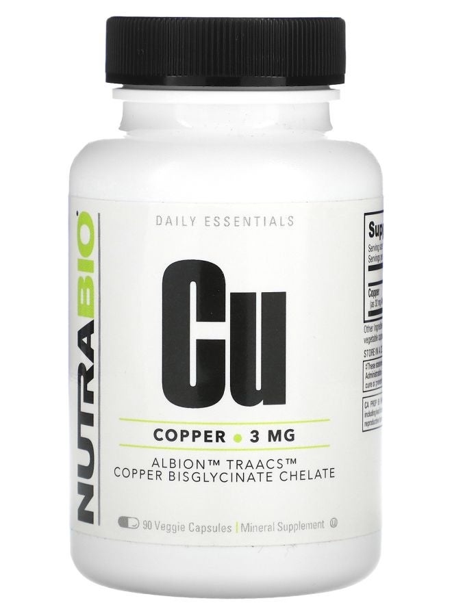 NutraBio Copper 3 mg 90 Veggie Capsules