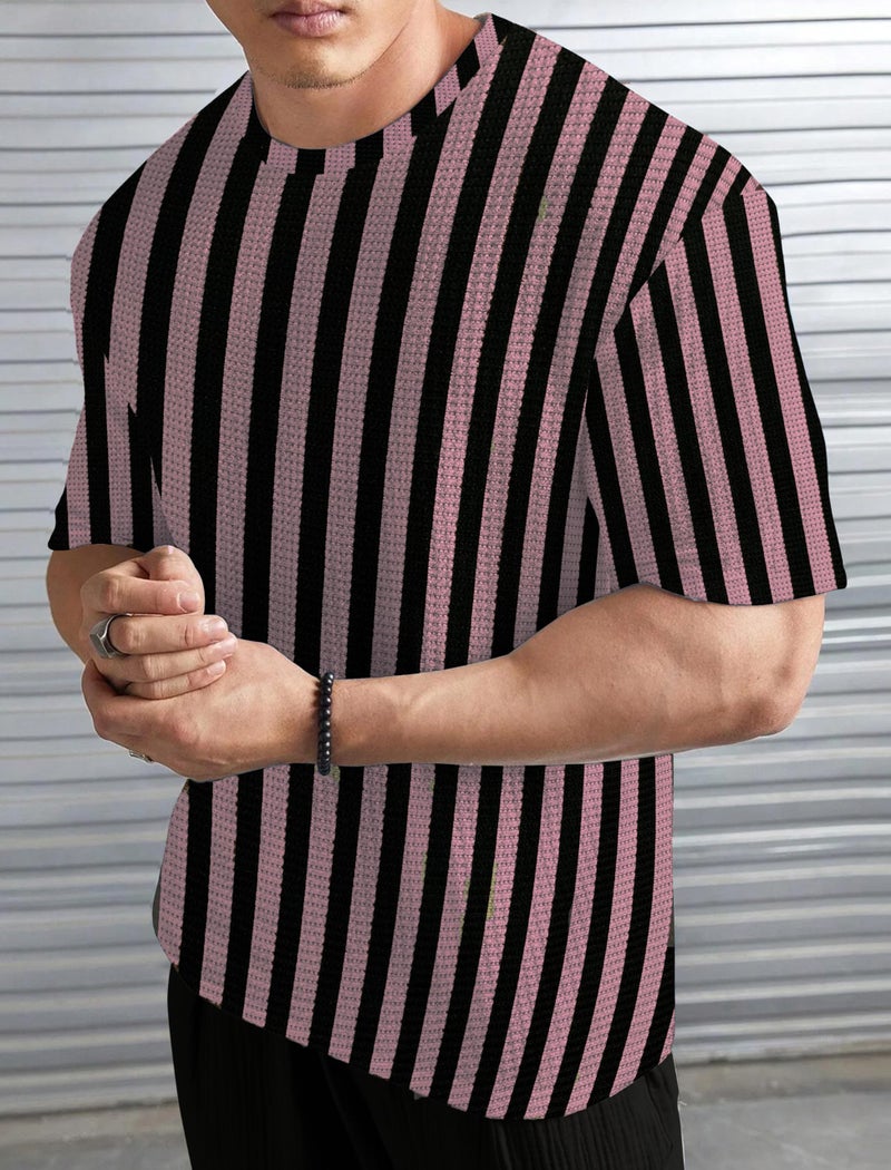 KAJARU Men's Striped Waffle Pattern T-Shirt, Round Neck (in, Alpha, L, Regular, ONIONPINK) - Image 2