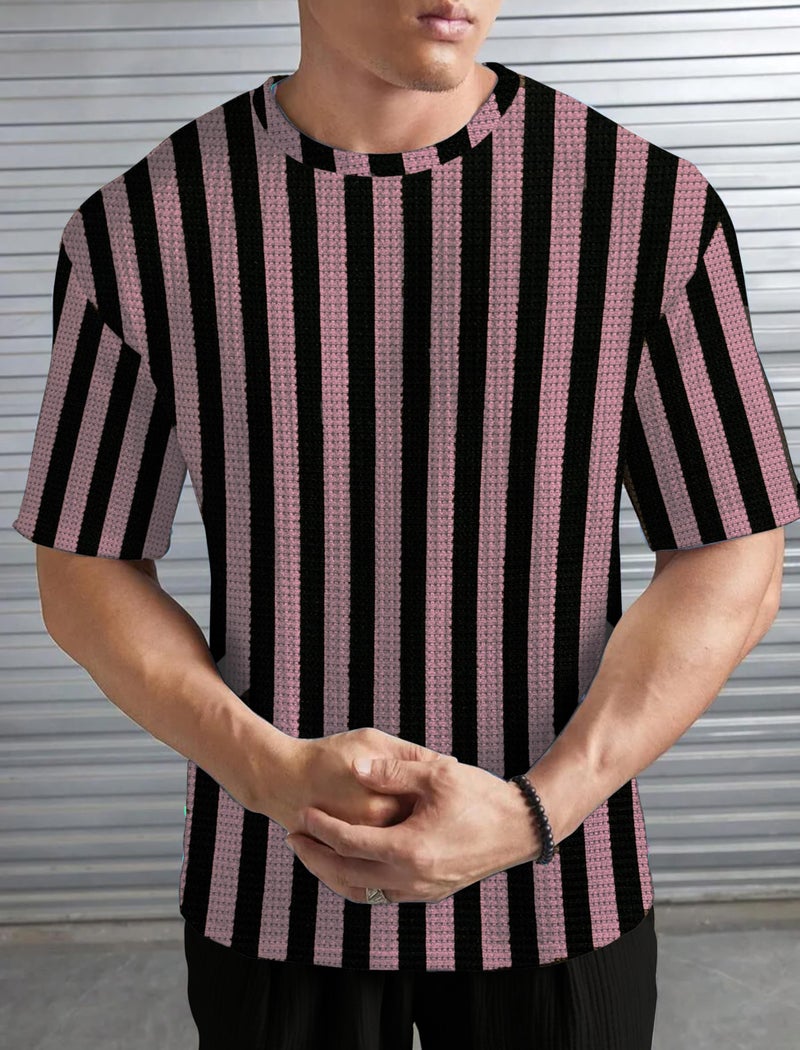 KAJARU Men's Striped Waffle Pattern T-Shirt, Round Neck (in, Alpha, L, Regular, ONIONPINK) - Image 5
