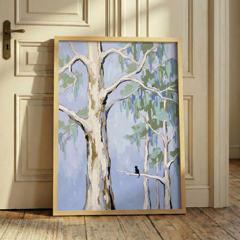 TNESSENTIAL Charleston Wetland Print – Black Cat Wall Art, Coastal Botanical Decor, Impasto Tree Painting, Blue Green Forest Poster, Grandmillennial - Image 1