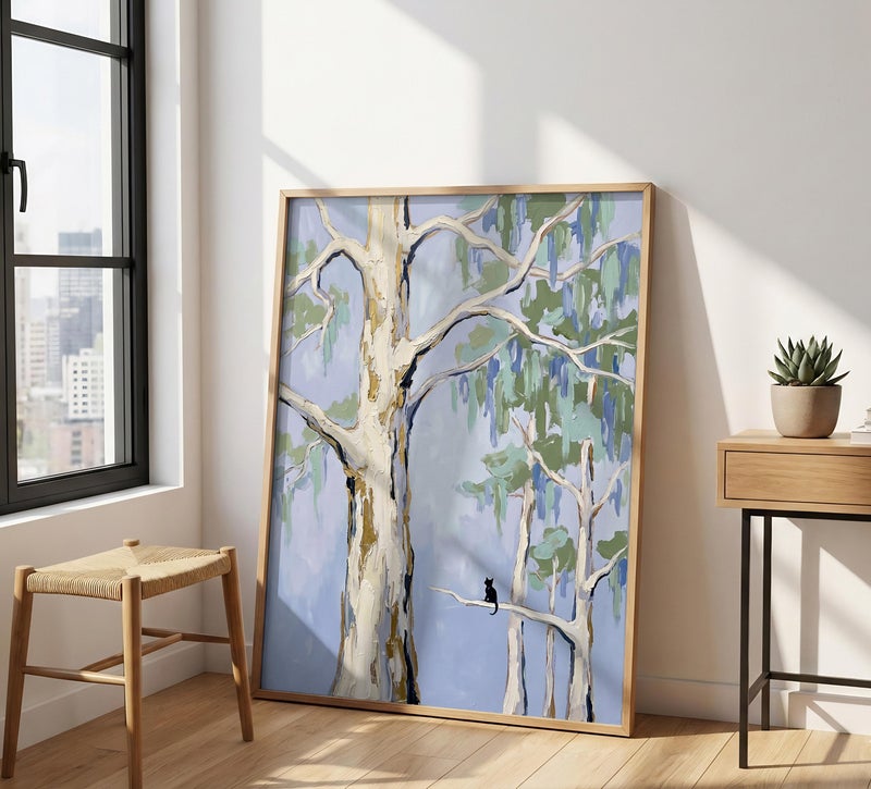 TNESSENTIAL Charleston Wetland Print – Black Cat Wall Art, Coastal Botanical Decor, Impasto Tree Painting, Blue Green Forest Poster, Grandmillennial - Image 3