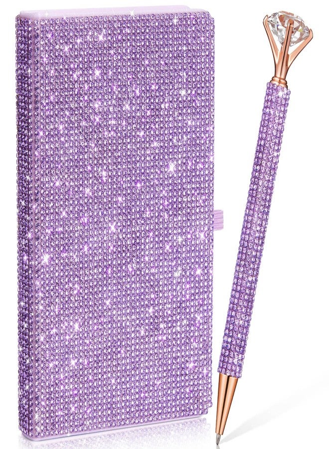 Resholder Rhinestone Notebook Pen Sets Glitter Pocket Notebook Crystal Pens Mini Diamond Journal Hardcover Bling Diary Office Desk Accessories for Women Birthday Gift(Rhinestone,A6,Purple) - Image 1