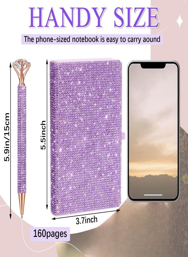 Resholder Rhinestone Notebook Pen Sets Glitter Pocket Notebook Crystal Pens Mini Diamond Journal Hardcover Bling Diary Office Desk Accessories for Women Birthday Gift(Rhinestone,A6,Purple) - Image 2