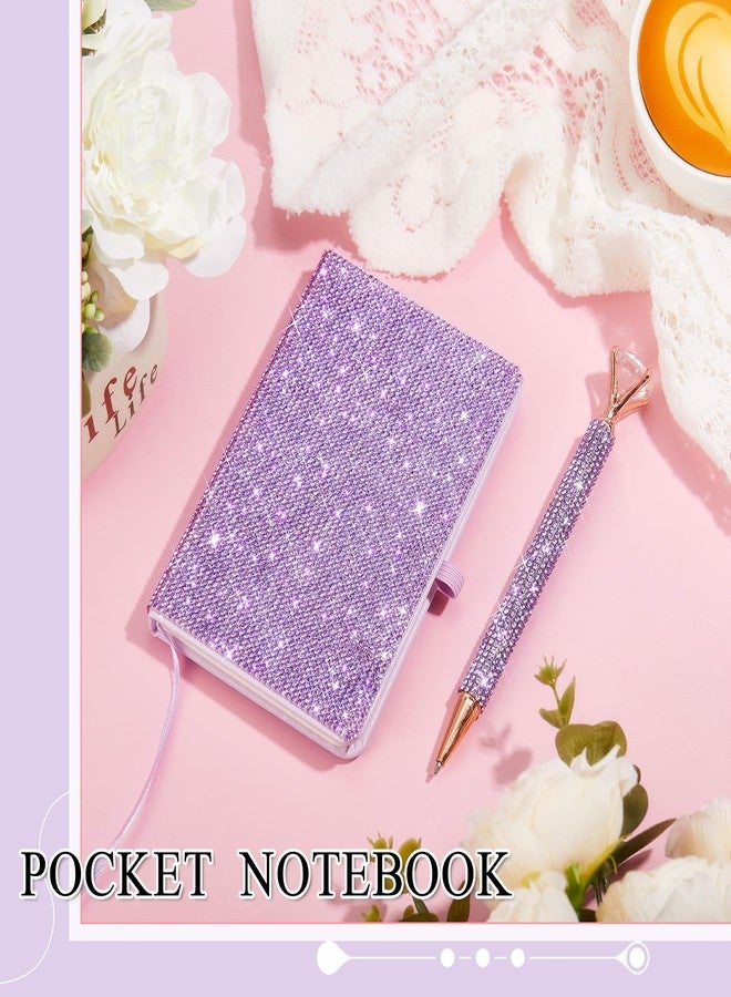 Resholder Rhinestone Notebook Pen Sets Glitter Pocket Notebook Crystal Pens Mini Diamond Journal Hardcover Bling Diary Office Desk Accessories for Women Birthday Gift(Rhinestone,A6,Purple) - Image 5