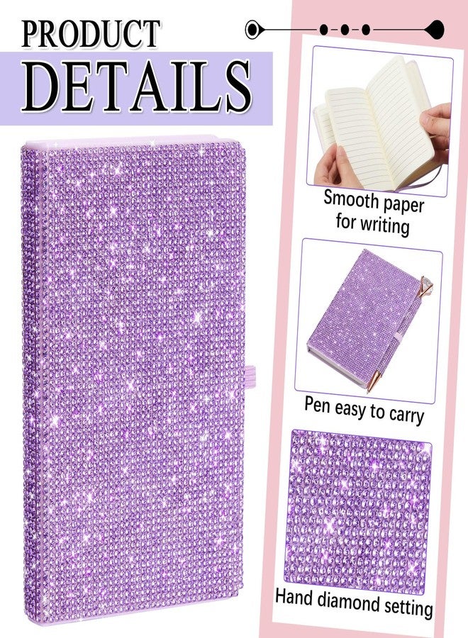 Resholder Rhinestone Notebook Pen Sets Glitter Pocket Notebook Crystal Pens Mini Diamond Journal Hardcover Bling Diary Office Desk Accessories for Women Birthday Gift(Rhinestone,A6,Purple) - Image 3