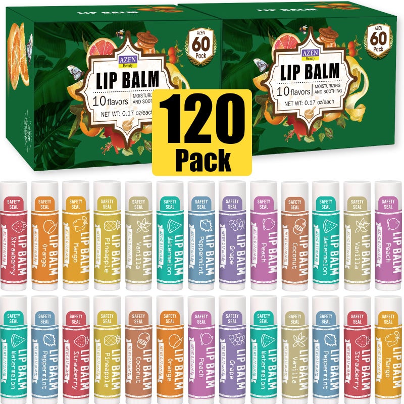 AZEN 120 Pack Lip Balm Natural Lip Balm Bulk Lip Care Product Christmas Stocking Stuffers Christmas Gifts for Women Girls  10 Flavors