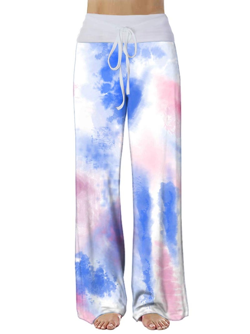 iChunhua Wide Leg Pants for Women High Waist Drawstring Summer Lounge Pjs Pants Blue/Large - Image 1