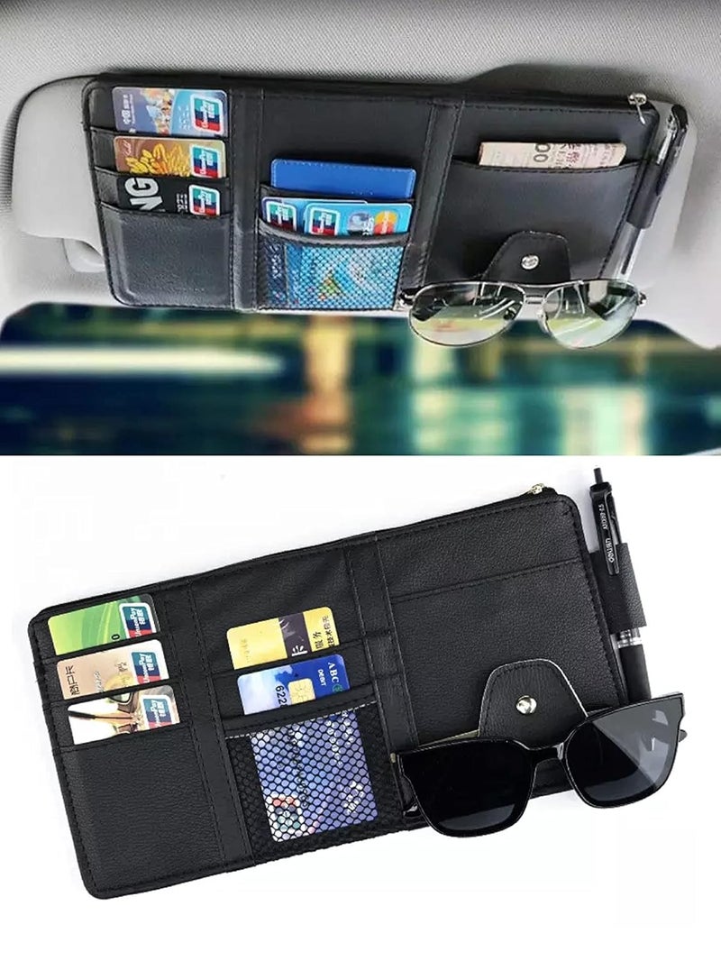 AUGEN PU Leather Multi-Function Car Space Sun Visor Organizer Hanging Phone Storage Pouch Holder with Multi-Pocket Net Zipper (Black) (Pack of 1) - Image 1