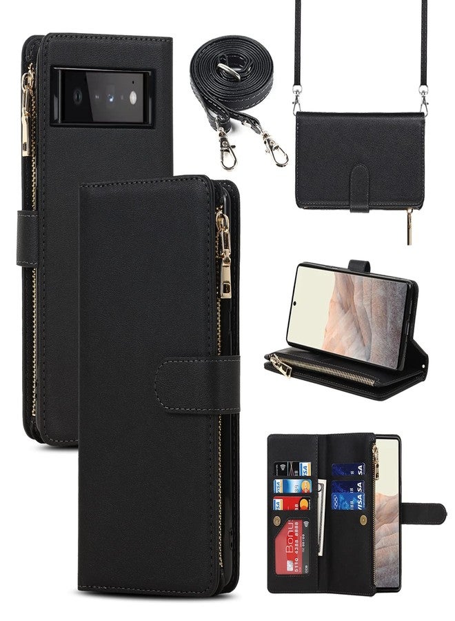 Jaorty for Google Pixel 6 Phone Case Wallet for Women Men with Crossbody Strap Lanyard,Pixel 6 Wallet Case with Card Holer,Zipper Pocket PU Leather Phone Case for Pixel 6, 6.4 Inch, Black - Image 1