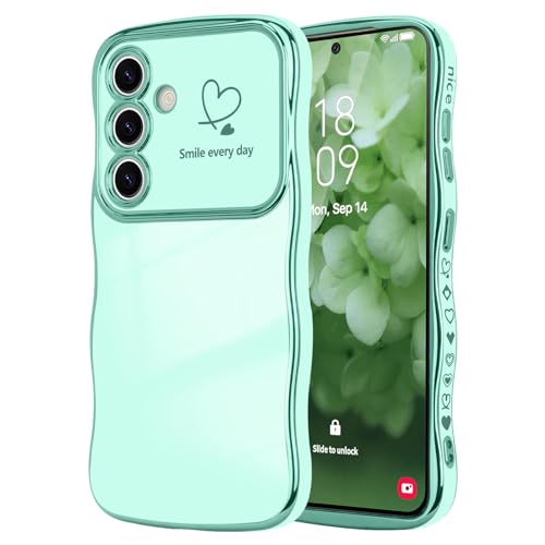 LCHULLE for Samsung Galaxy S25 Plus Case for Women Girls Cute Wave Frame Curly Shape with Love Heart Camera Protection Cover Luxury Plating Shockproof Phone Case for Galaxy S25 Plus 5G Mint Green - Image 1