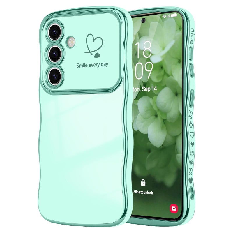 LCHULLE for Samsung Galaxy S25 Plus Case for Women Girls Cute Wave Frame Curly Shape with Love Heart Camera Protection Cover Luxury Plating Shockproof Phone Case for Galaxy S25 Plus 5G Mint Green - Image 3