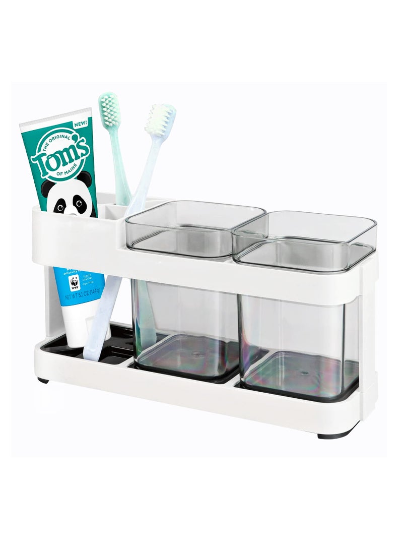 Toothbrush Holder with Cup Toothbrush and Toothpaste Holder for Bathroom Vanity Bathroom Shelves Storage Base with 2 Cups Toothpaste Holder Stand Mouthwash Cup Storage Rack, White - Image 1
