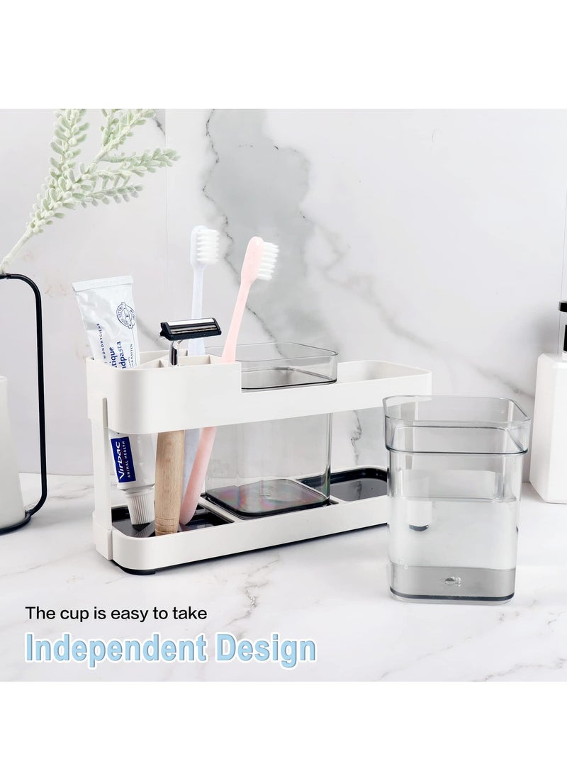 Toothbrush Holder with Cup Toothbrush and Toothpaste Holder for Bathroom Vanity Bathroom Shelves Storage Base with 2 Cups Toothpaste Holder Stand Mouthwash Cup Storage Rack, White - Image 3