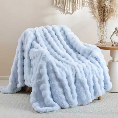 Smoofy Faux Fur Throw Blanket for Couch Rabbit Fleece - Light Blue Fluffy Blanket for Sofa Bedroom Living Room, Cozy Soft Plush Luxury Thick Winter Fuzzy Comfy Bubble Blanket - 60" x 80" - Image 1