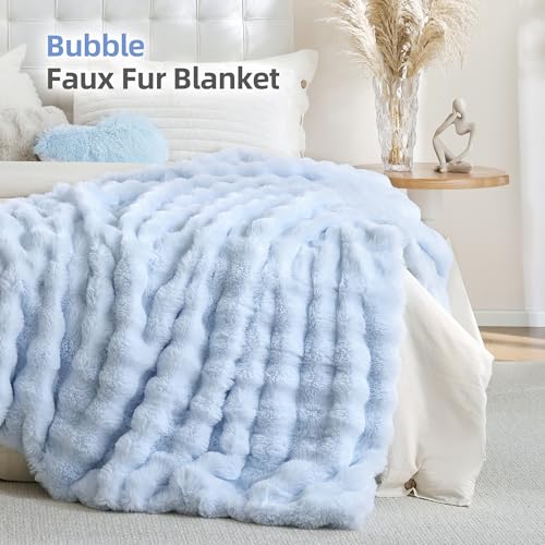 Smoofy Faux Fur Throw Blanket for Couch Rabbit Fleece - Light Blue Fluffy Blanket for Sofa Bedroom Living Room, Cozy Soft Plush Luxury Thick Winter Fuzzy Comfy Bubble Blanket - 60" x 80" - Image 2