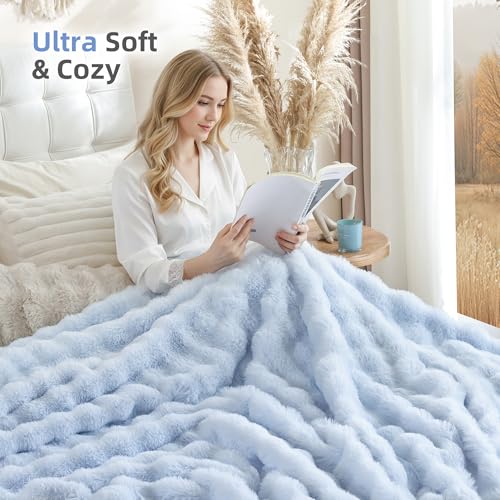 Smoofy Faux Fur Throw Blanket for Couch Rabbit Fleece - Light Blue Fluffy Blanket for Sofa Bedroom Living Room, Cozy Soft Plush Luxury Thick Winter Fuzzy Comfy Bubble Blanket - 60" x 80" - Image 4