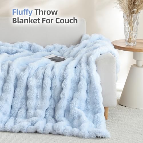 Smoofy Faux Fur Throw Blanket for Couch Rabbit Fleece - Light Blue Fluffy Blanket for Sofa Bedroom Living Room, Cozy Soft Plush Luxury Thick Winter Fuzzy Comfy Bubble Blanket - 60" x 80" - Image 3