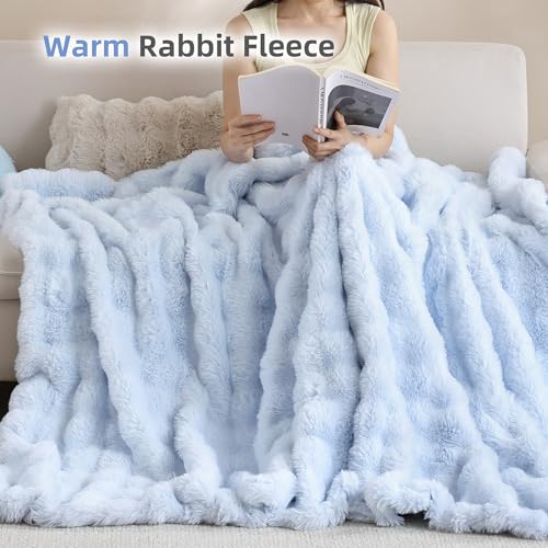 Smoofy Faux Fur Throw Blanket for Couch Rabbit Fleece - Light Blue Fluffy Blanket for Sofa Bedroom Living Room, Cozy Soft Plush Luxury Thick Winter Fuzzy Comfy Bubble Blanket - 60" x 80" - Image 5