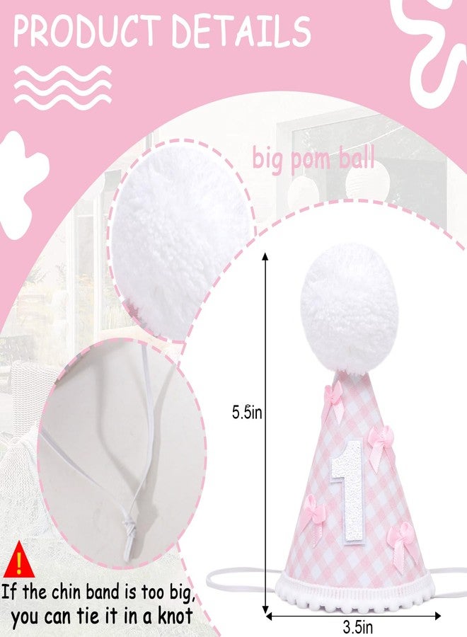 Agkvw Pink Bow 1st Birthday Hat for Girls - Pink Gingham First Birthday Hat, Bow Theme 1st Birthday Decorations, Princess One Birthday Decor for Girls - Image 3
