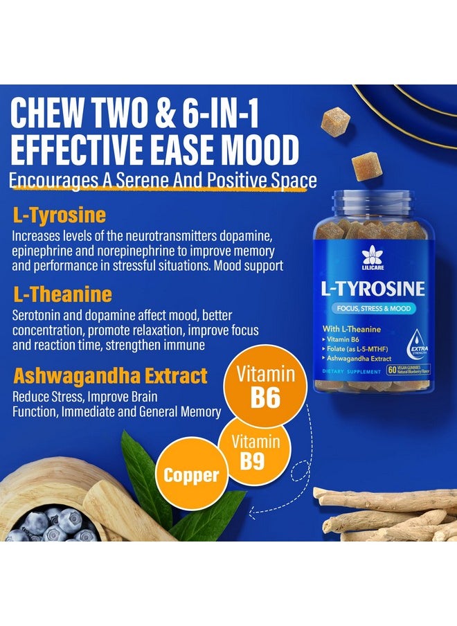 EnvyDeal - L Tyrosine Gummies 1100mg Mood Support Blend, with Ashwagandha, L-Theanine, Vitamin B Complex B6, Folate(Vitamin B9), Focus & Memory, Cognition & Brain Function, Energy Boost,Stress Support, 2Pc/120ct - Image 1