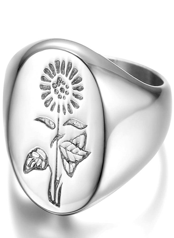 Jude Jewelers Stainless Steel Sun Flower Pattern Signet Style Wedding Engagement Promise Anniversary Statement Ring, Metal, Cubic Zirconia, - Image 1