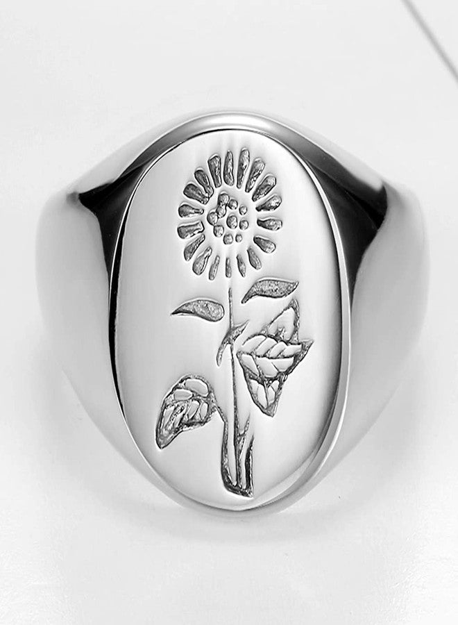 Jude Jewelers Stainless Steel Sun Flower Pattern Signet Style Wedding Engagement Promise Anniversary Statement Ring, Metal, Cubic Zirconia, - Image 3