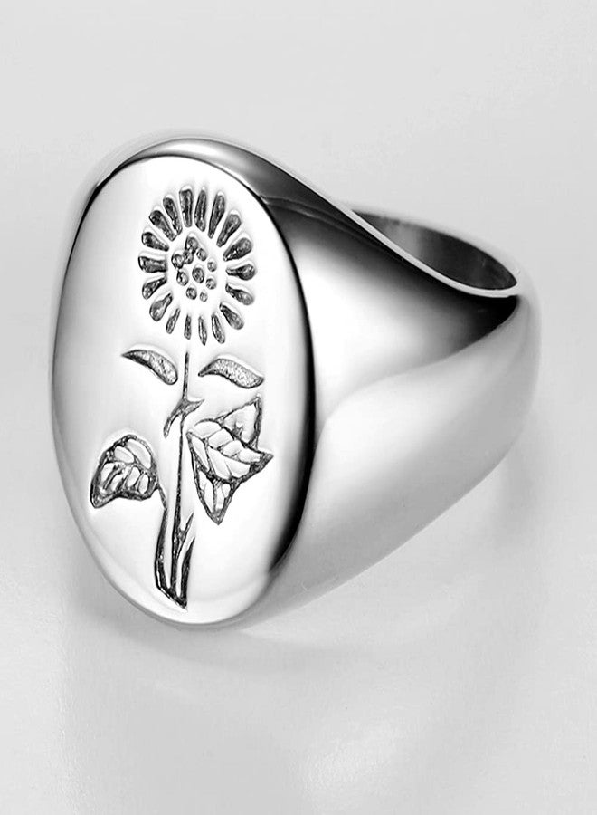 Jude Jewelers Stainless Steel Sun Flower Pattern Signet Style Wedding Engagement Promise Anniversary Statement Ring, Metal, Cubic Zirconia, - Image 4