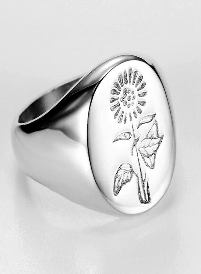 Jude Jewelers Stainless Steel Sun Flower Pattern Signet Style Wedding Engagement Promise Anniversary Statement Ring, Metal, Cubic Zirconia, - Image 2