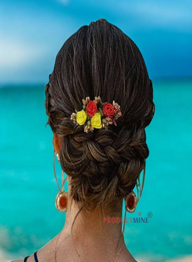 PRODUCTMINE مشط شعر مزين بالزهور من PRODUCTMINE®، إكسسوارات شعر مزينة بالزهور، دبوس شعر مزين بالزهور للنساء والفتيات، دبابيس شعر نسائية لحفلات الزفاف - لون أحمر صناعي وأصفر ليموني: قطعة واحدة - Image 5