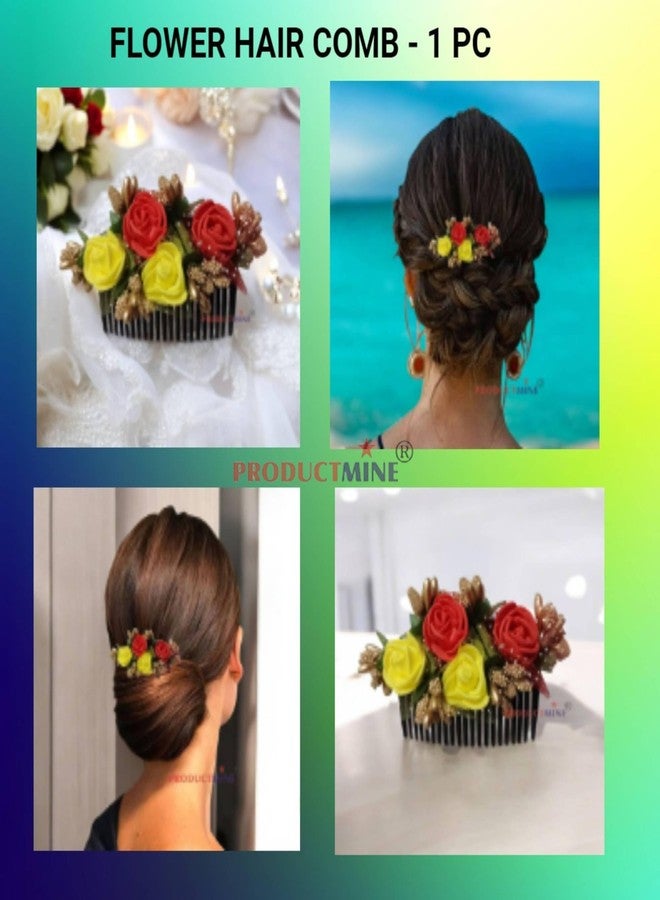 PRODUCTMINE مشط شعر مزين بالزهور من PRODUCTMINE®، إكسسوارات شعر مزينة بالزهور، دبوس شعر مزين بالزهور للنساء والفتيات، دبابيس شعر نسائية لحفلات الزفاف - لون أحمر صناعي وأصفر ليموني: قطعة واحدة - Image 4