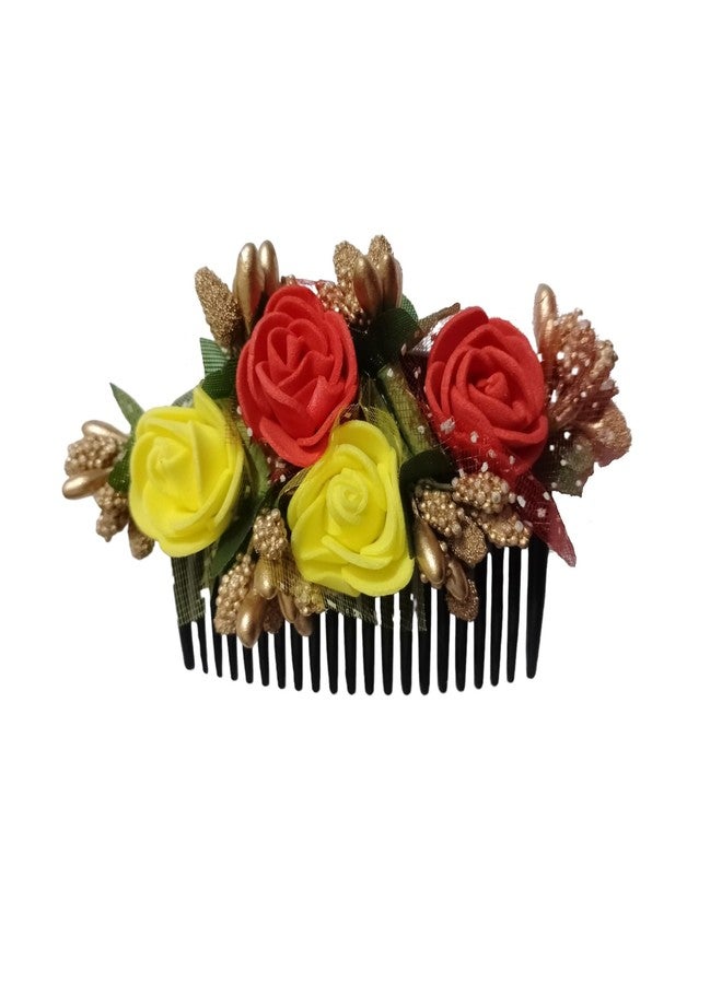 PRODUCTMINE مشط شعر مزين بالزهور من PRODUCTMINE®، إكسسوارات شعر مزينة بالزهور، دبوس شعر مزين بالزهور للنساء والفتيات، دبابيس شعر نسائية لحفلات الزفاف - لون أحمر صناعي وأصفر ليموني: قطعة واحدة - Image 1