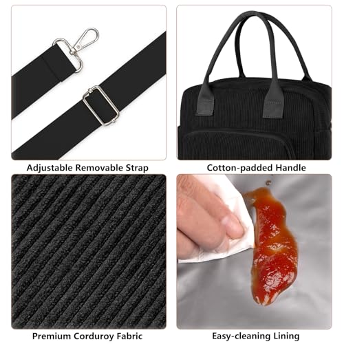 FITDON Insulated Lunch Bag for Women Men, Large Lunch Box Container Leakproof Corduroy Cooler Bag Lunch Tote Bag for Work Picnic, Black - Image 3