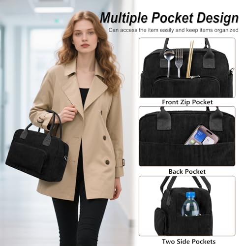FITDON Insulated Lunch Bag for Women Men, Large Lunch Box Container Leakproof Corduroy Cooler Bag Lunch Tote Bag for Work Picnic, Black - Image 4