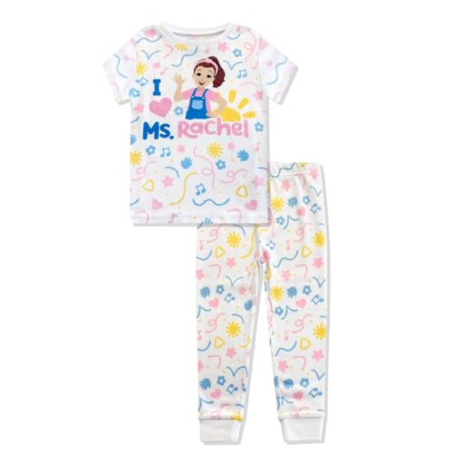 Ms. Rachel 2 Piece Pajama Set - Toddler Girls Boys PJ Set, Short Sleeve Shirt & Pants - Kids Sleepwear Set - Official License White - Image 1