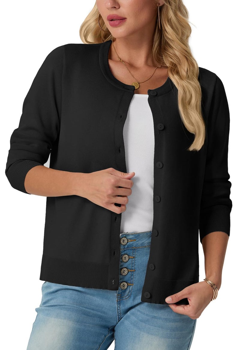 GRECERELLE Cardigan Sweaters for Women Lightweight Long Sleeve Crew Neck Button Up Soft Ribbed Knit Cardigans 2026 Spring Outfits Black S - Image 3